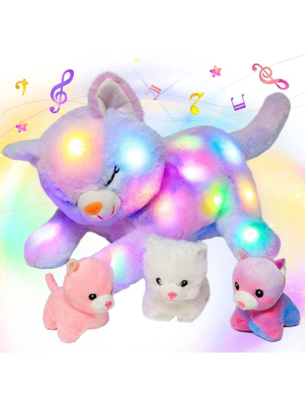 LED Musical Plush Cat Toy with 3 Kittens - Lullaby Light-Up Playset for Kids